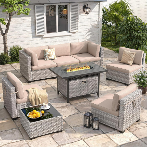 Six-seat wicker patio set with 55,000 BTU fire pit table and dual-strand rattan weave