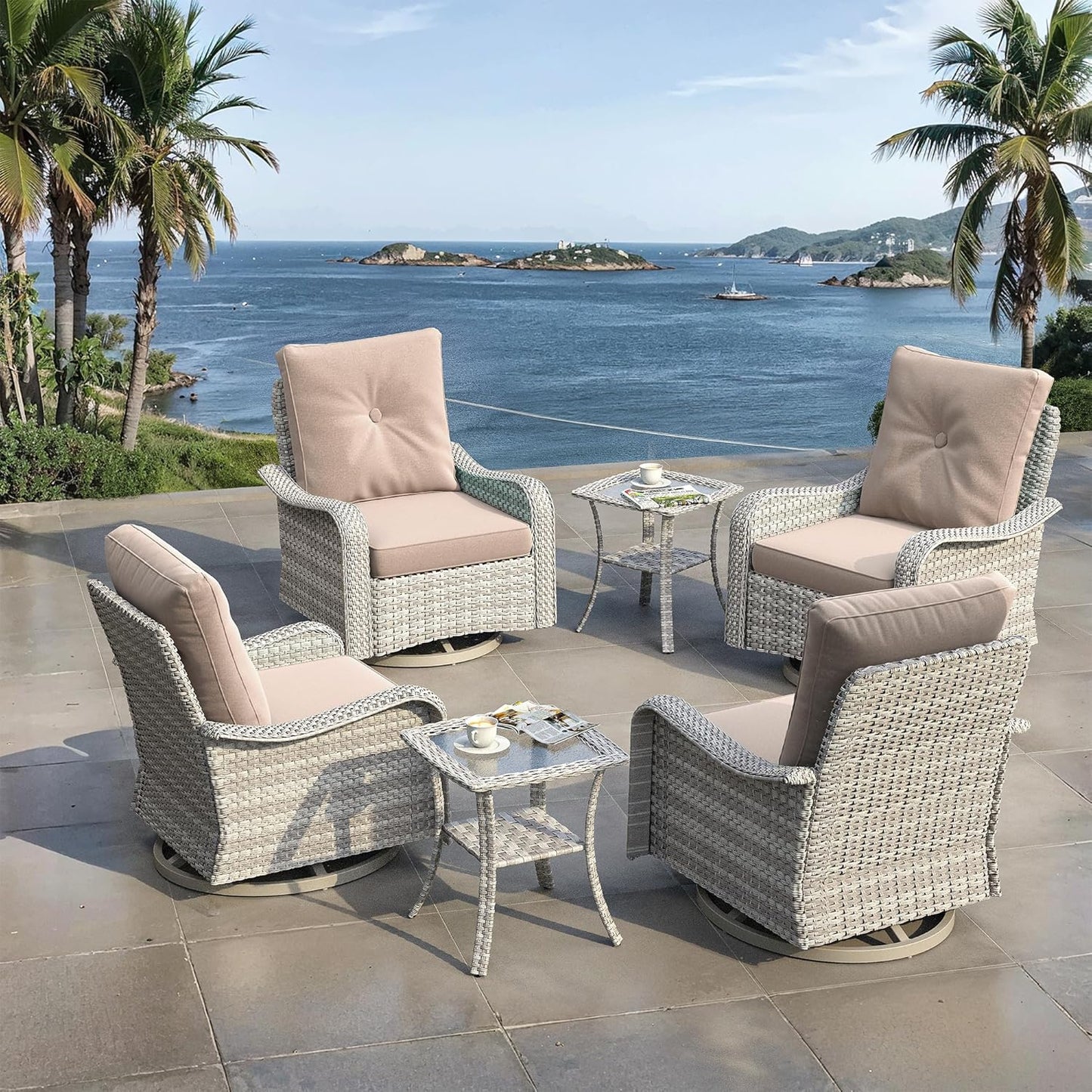 3 Piece Outdoor Wicker Patio Furniture Set,High Back Swivel Rocker Patio Chairs with 4" Thickened Cushions & Side Table, All-Weather PE Rattan for Garden, Backyard, Porch