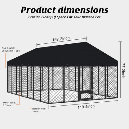 Heavy Duty Outdoor Dog Kennel with Roof – Large Dog Enclosure & Weatherproof Dog House, Secure Metal Fence Playpen with Double Lock & Feeding Swivel Door for Big Dogs