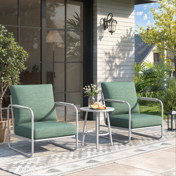 Three-piece aluminum patio chair set with 6-inch cushions and matching coffee table