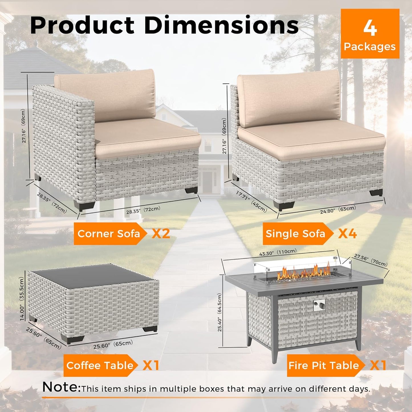 6-Seat Modern Outdoor Wicker Rattan Patio Furniture Set with 55,000 BTU Fire Pit Table, Thick 4″ Cushions, All-Weather Dual-Strand Rattan, Rust-Resistant Steel Frame