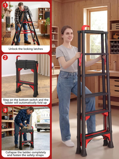 Telescoping 4-Step Ladder, 3.5FT Folding Step Stool with Safety Lock, Wide Non-Slip Pedals & Retractable Handgrip, Heavy Duty 380 lbs for Home & Outdoor