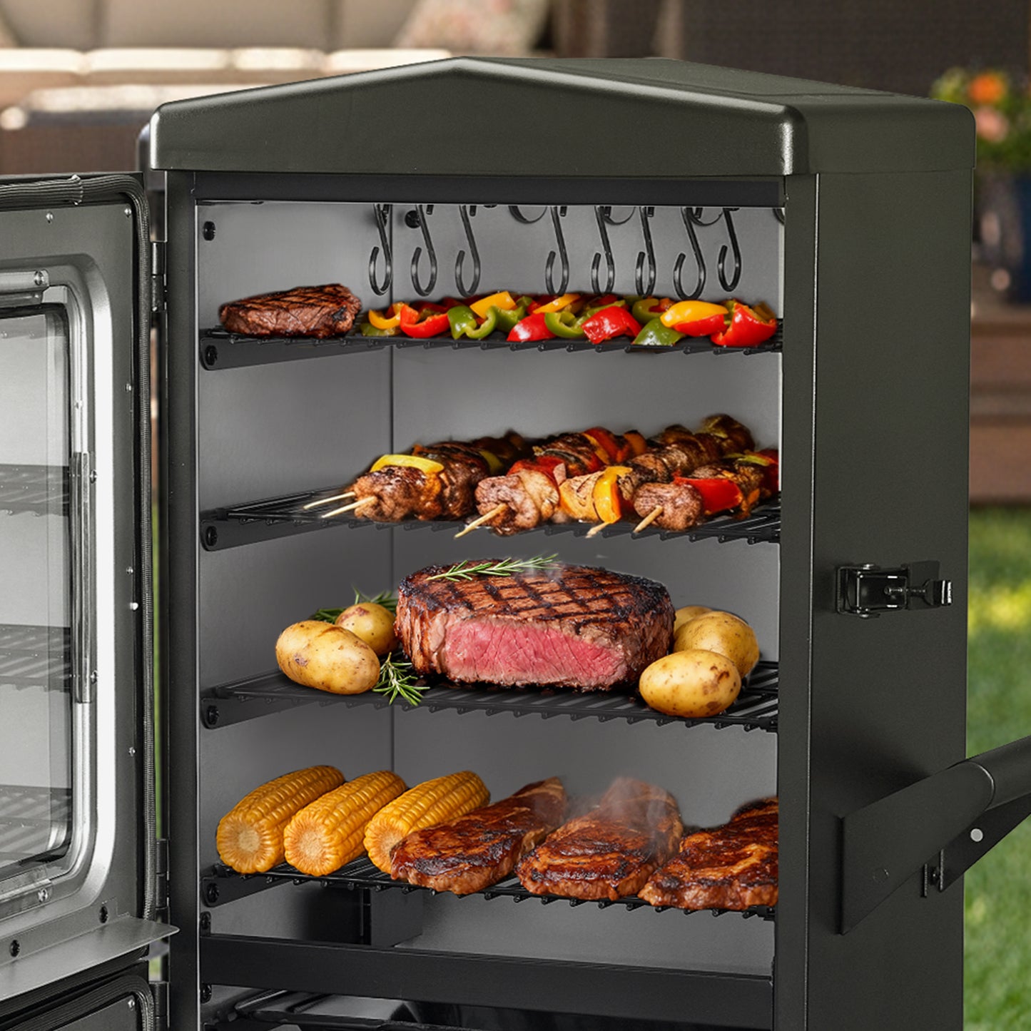 Vertical Electric Pellet Smoker with Cover & Meat Probe, 4-Rack Digital BBQ Smoker Grill, 616 sq in Cooking Space, LED Temperature Control for Outdoor Cooking, Smoke Ribs, Brisket, Chicken & Sausage