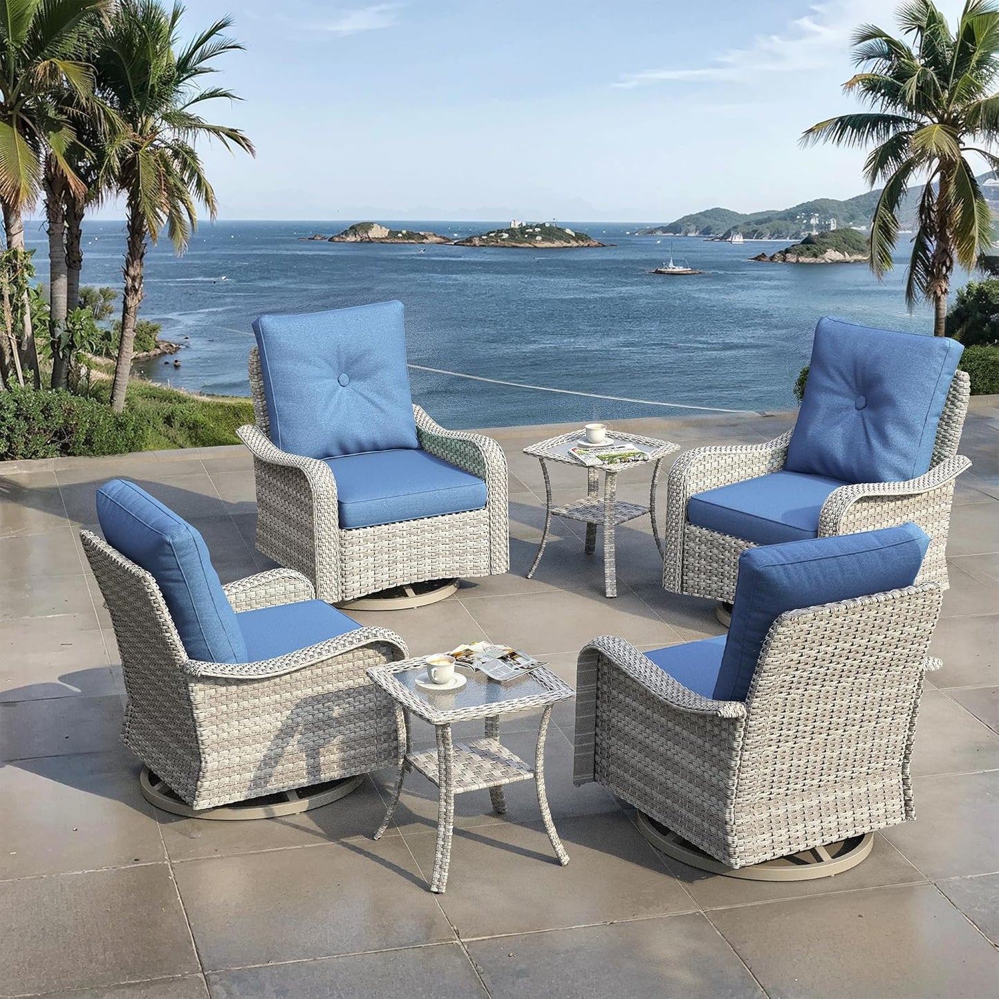 3 Piece Outdoor Wicker Patio Furniture Set,High Back Swivel Rocker Patio Chairs with 4" Thickened Cushions & Side Table, All-Weather PE Rattan for Garden, Backyard, Porch