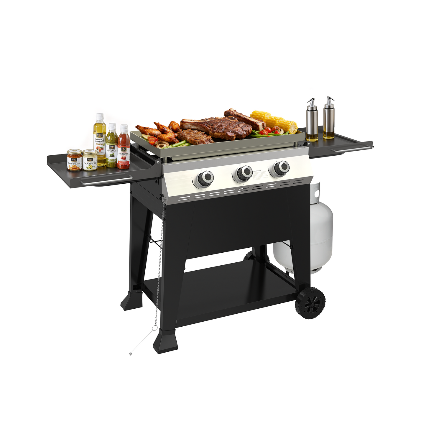 3-Burner Propane Gas Grill, 36,000 BTU Outdoor Flat Top Propane Gril with Foldable Side Tables for Camping, Tailgating & Backyard BBQ, Black