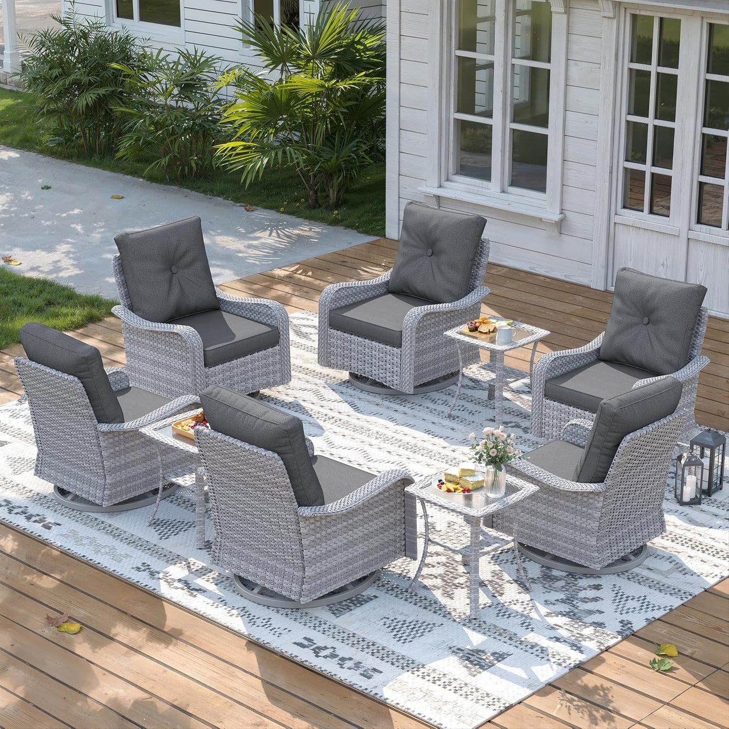 3 Piece Outdoor Wicker Patio Furniture Set,High Back Swivel Rocker Patio Chairs with 4" Thickened Cushions & Side Table, All-Weather PE Rattan for Garden, Backyard, Porch