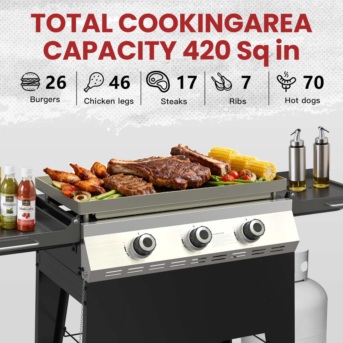 3-Burner Propane Gas Grill, 36,000 BTU Outdoor Flat Top Propane Gril with Foldable Side Tables for Camping, Tailgating & Backyard BBQ, Black