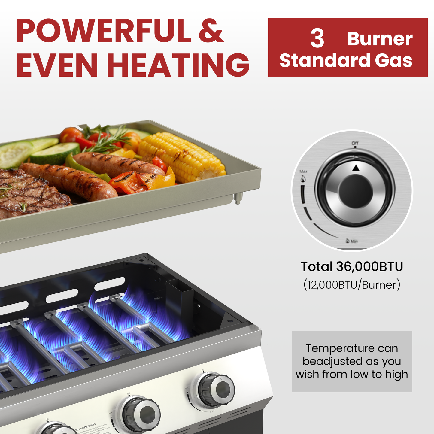 3-Burner Propane Gas Grill, 36,000 BTU Outdoor Flat Top Propane Gril with Foldable Side Tables for Camping, Tailgating & Backyard BBQ, Black