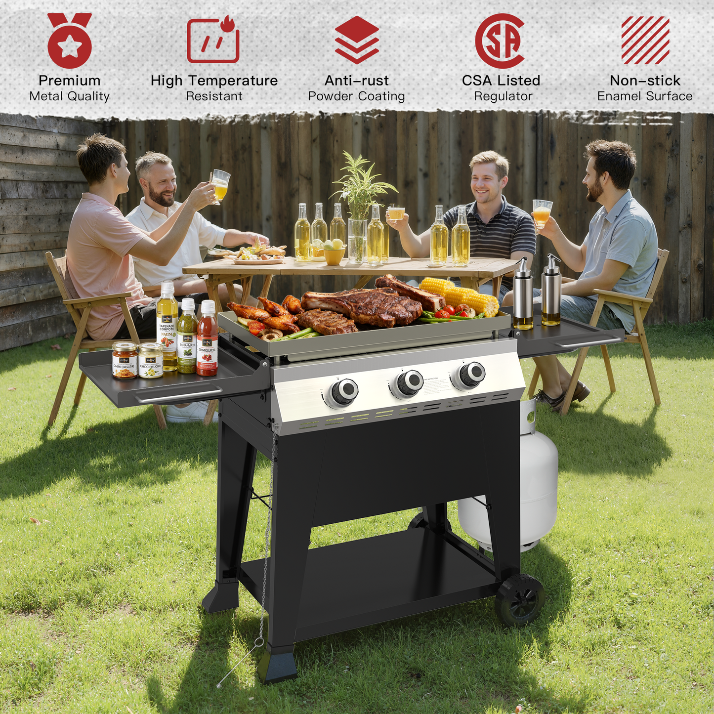 3-Burner Propane Gas Grill, 36,000 BTU Outdoor Flat Top Propane Gril with Foldable Side Tables for Camping, Tailgating & Backyard BBQ, Black
