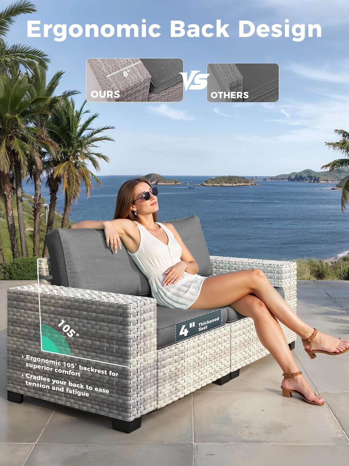 Outdoor Wicker Rattan Sectional Sofa Set with Swivel Chairs & Fire Pit Table, with 4" Thickened Cushions & Coffee Table, All-Weather PE Rattan for Garden, Backyard, Porch