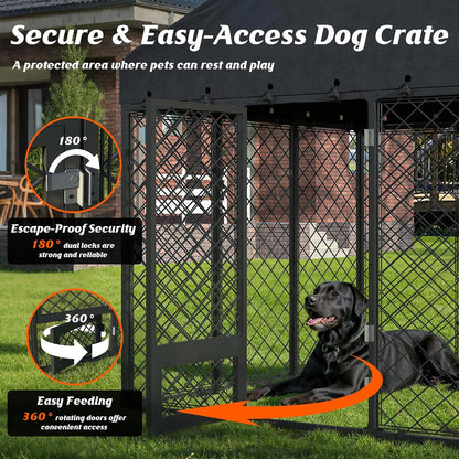 Heavy Duty Outdoor Dog Kennel with Roof – Large Dog Enclosure & Weatherproof Dog House, Secure Metal Fence Playpen with Double Lock & Feeding Swivel Door for Big Dogs