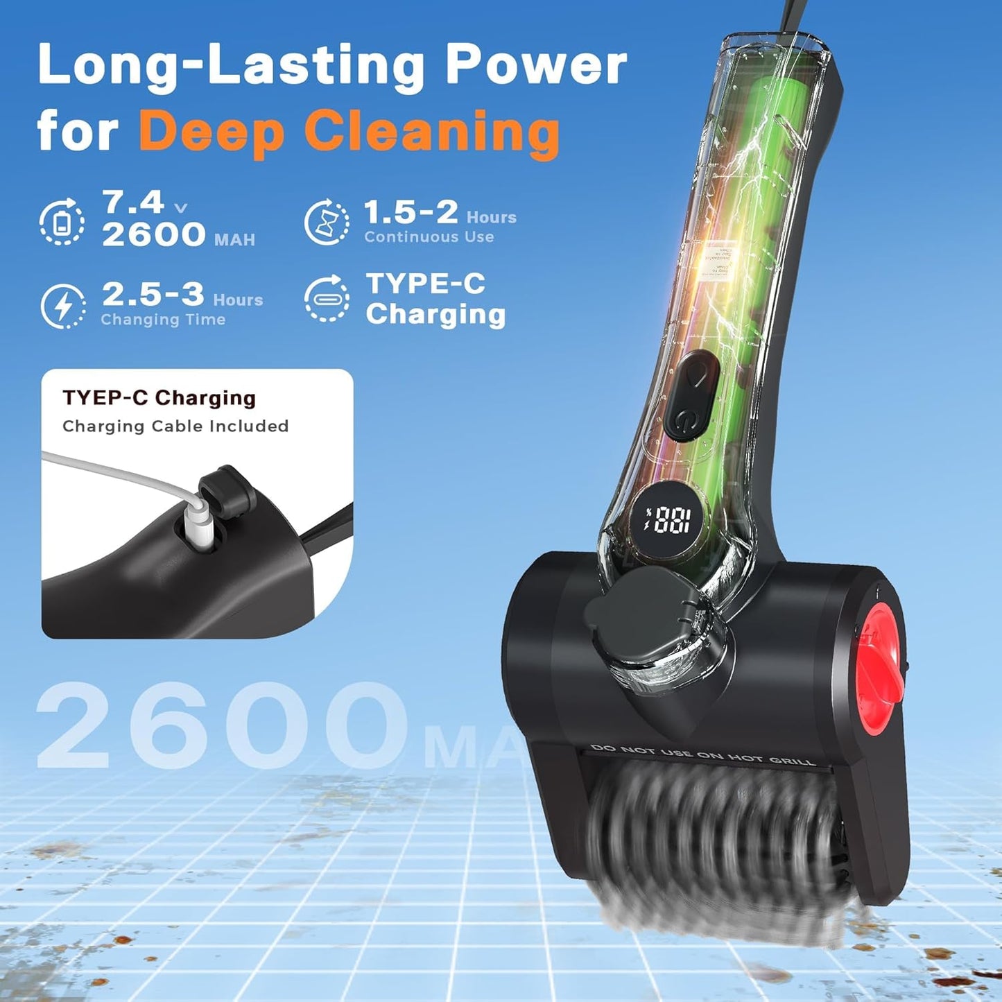 Cordless Electric Grill Cleaning Brush with Water Spray, Rechargeable BBQ Grill Scrubber with Dual-Speed Cleaning, Waterproof Design & Built-In Scraper for Gas and Charcoal Grills