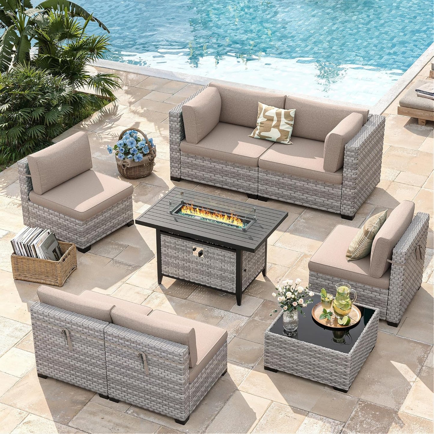 6-Seat Modern Outdoor Wicker Rattan Patio Furniture Set with 55,000 BTU Fire Pit Table, Thick 4″ Cushions, All-Weather Dual-Strand Rattan, Rust-Resistant Steel Frame