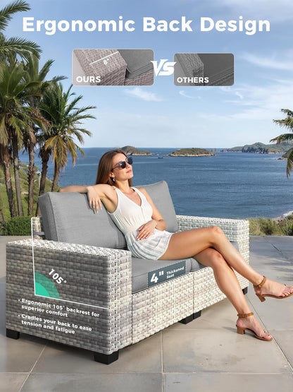 Outdoor Wicker Rattan Sectional Sofa Set with Swivel Chairs & Fire Pit Table, with 4" Thickened Cushions & Coffee Table, All-Weather PE Rattan for Garden, Backyard, Porch