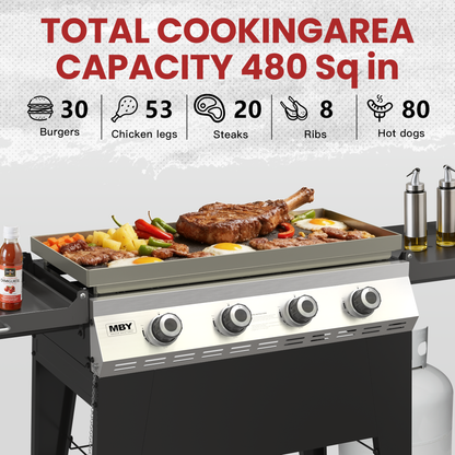 3-Burner Propane Gas Grill, 36,000 BTU Outdoor Flat Top Propane Gril with Foldable Side Tables for Camping, Tailgating & Backyard BBQ, Black