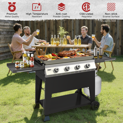 3-Burner Propane Gas Grill, 36,000 BTU Outdoor Flat Top Propane Gril with Foldable Side Tables for Camping, Tailgating & Backyard BBQ, Black