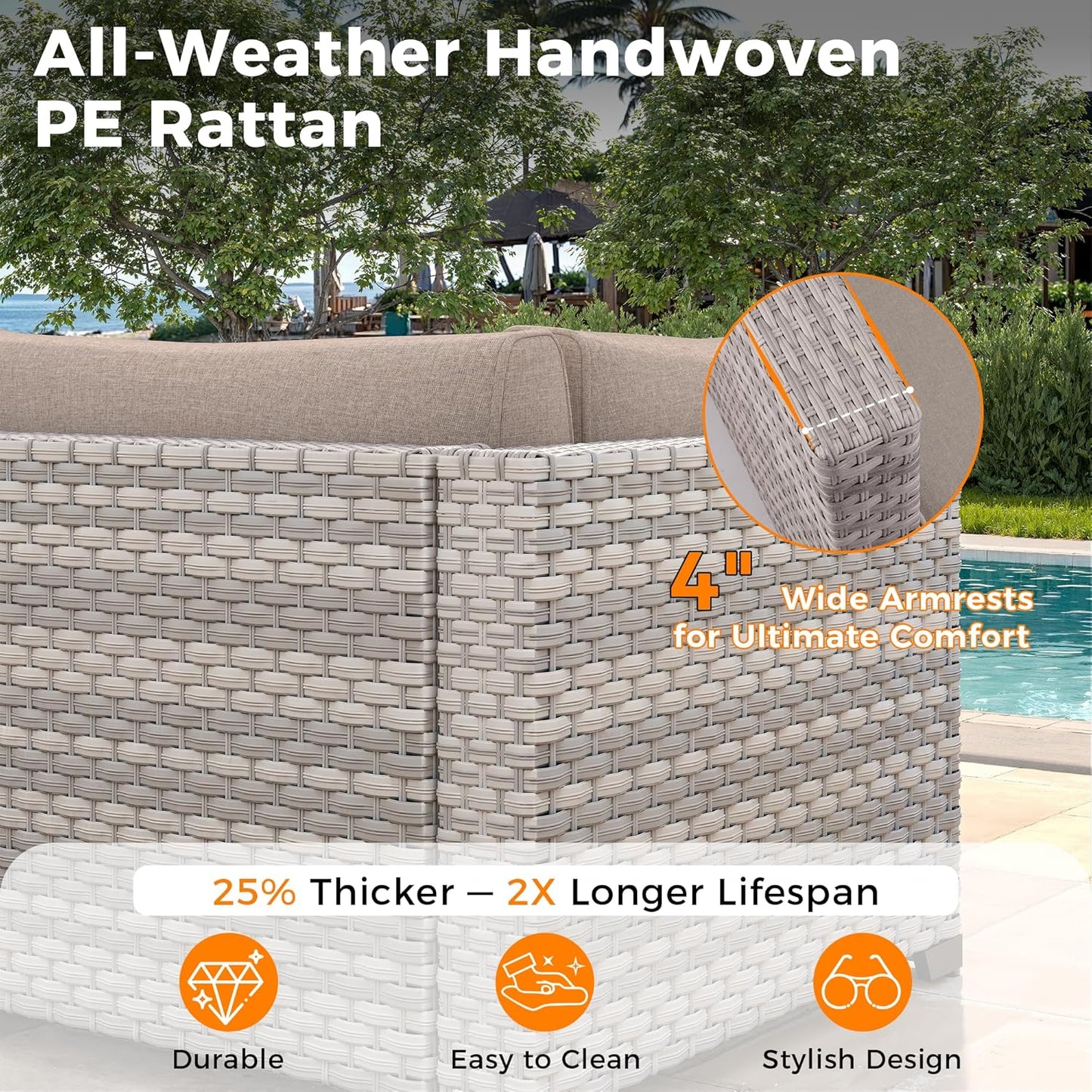 6-Seat Modern Outdoor Wicker Rattan Patio Furniture Set with 55,000 BTU Fire Pit Table, Thick 4″ Cushions, All-Weather Dual-Strand Rattan, Rust-Resistant Steel Frame