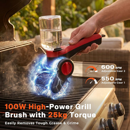 Cordless Electric Grill Cleaning Brush with Water Spray, Rechargeable BBQ Grill Scrubber with Dual-Speed Cleaning, Waterproof Design & Built-In Scraper for Gas and Charcoal Grills