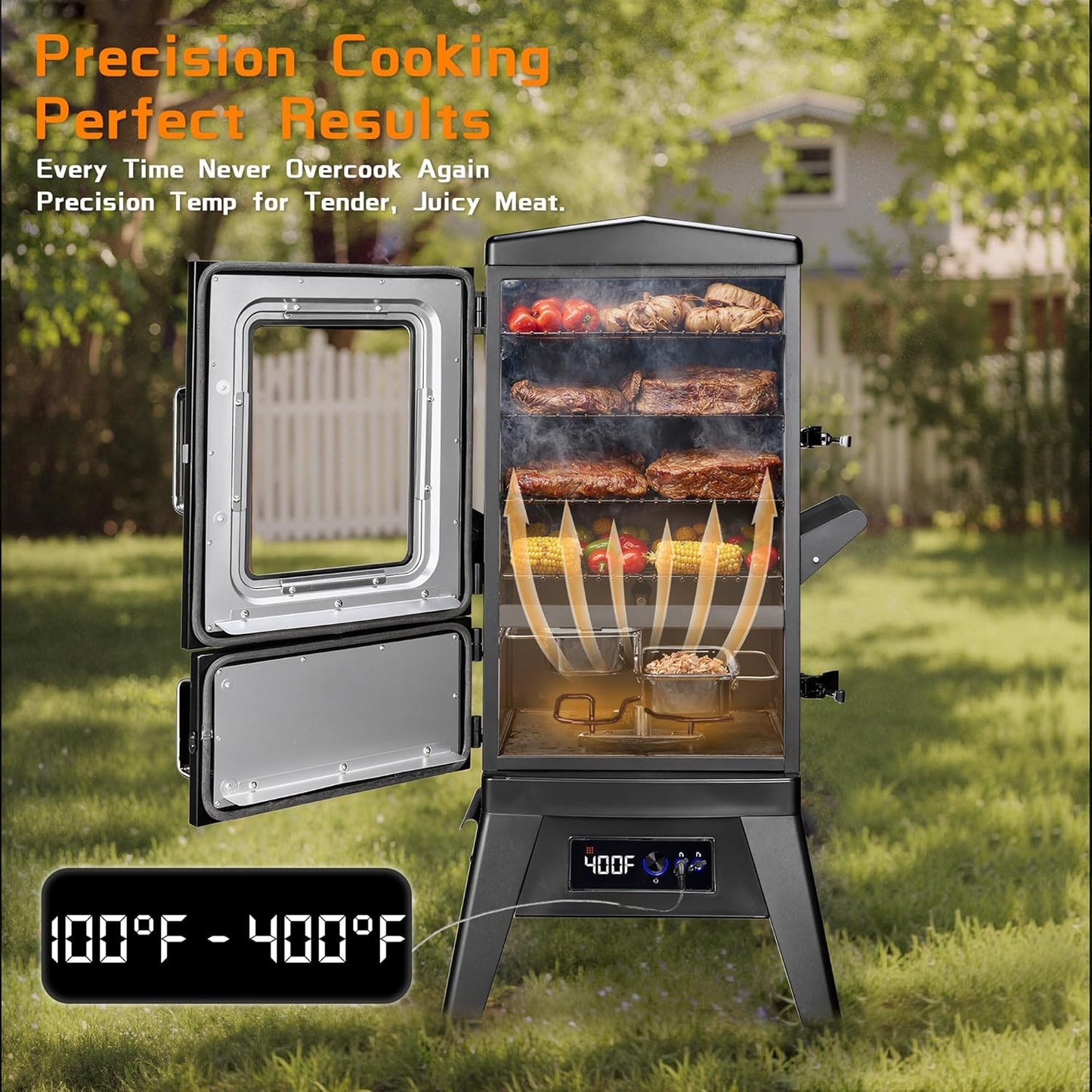 Large Vertical Electric Smoker Grill – 633 sq in | 4-Rack BBQ Smoker with Built-in Meat Probe, Wood Chip Loader &Weather-Resistant Cover – Perfect for Steak, Fish, Ribs (Black)