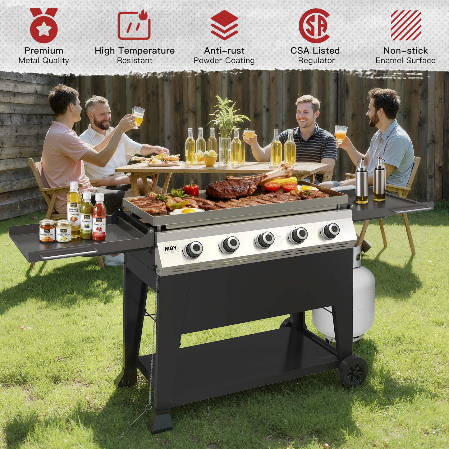 3-Burner Propane Gas Grill, 36,000 BTU Outdoor Flat Top Propane Gril with Foldable Side Tables for Camping, Tailgating & Backyard BBQ, Black