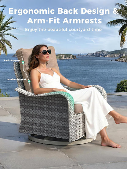 3 Piece Outdoor Wicker Patio Furniture Set,High Back Swivel Rocker Patio Chairs with 4" Thickened Cushions & Side Table, All-Weather PE Rattan for Garden, Backyard, Porch