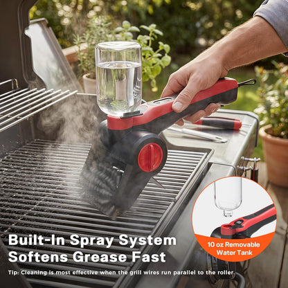 Cordless Electric Grill Cleaning Brush with Water Spray, Rechargeable BBQ Grill Scrubber with Dual-Speed Cleaning, Waterproof Design & Built-In Scraper for Gas and Charcoal Grills