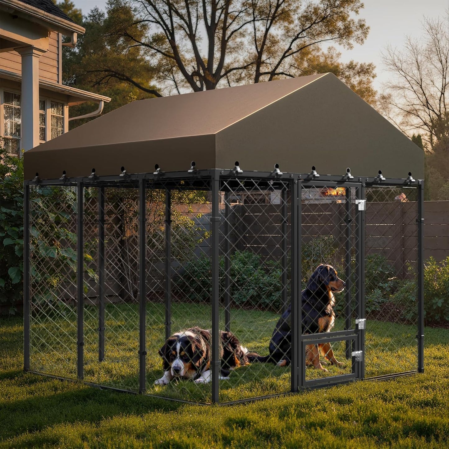 Heavy Duty Outdoor Dog Kennel with Roof – Large Dog Enclosure & Weatherproof Dog House, Secure Metal Fence Playpen with Double Lock & Feeding Swivel Door for Big Dogs