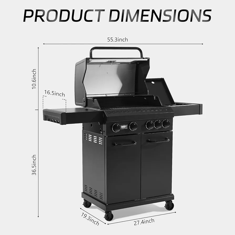 MBY 4-Burner Propane Gas Grill with Side Burner, 50,000 BTU Heavy Duty BBQ Grill, Cast Iron Griddle & Cooking Grates for Outdoor Barbecue