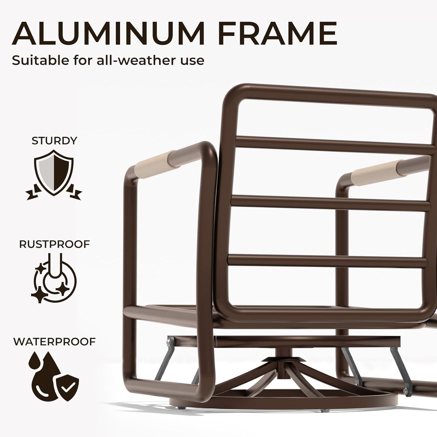 MBY Outdoor Aluminum Patio Furniture Set, 4-Seats Patio Conversation Sofa Set with 2 Coffee Tables and 2 Swivel Rocking Chairs, All Weather for Balcony, Garden-Brown