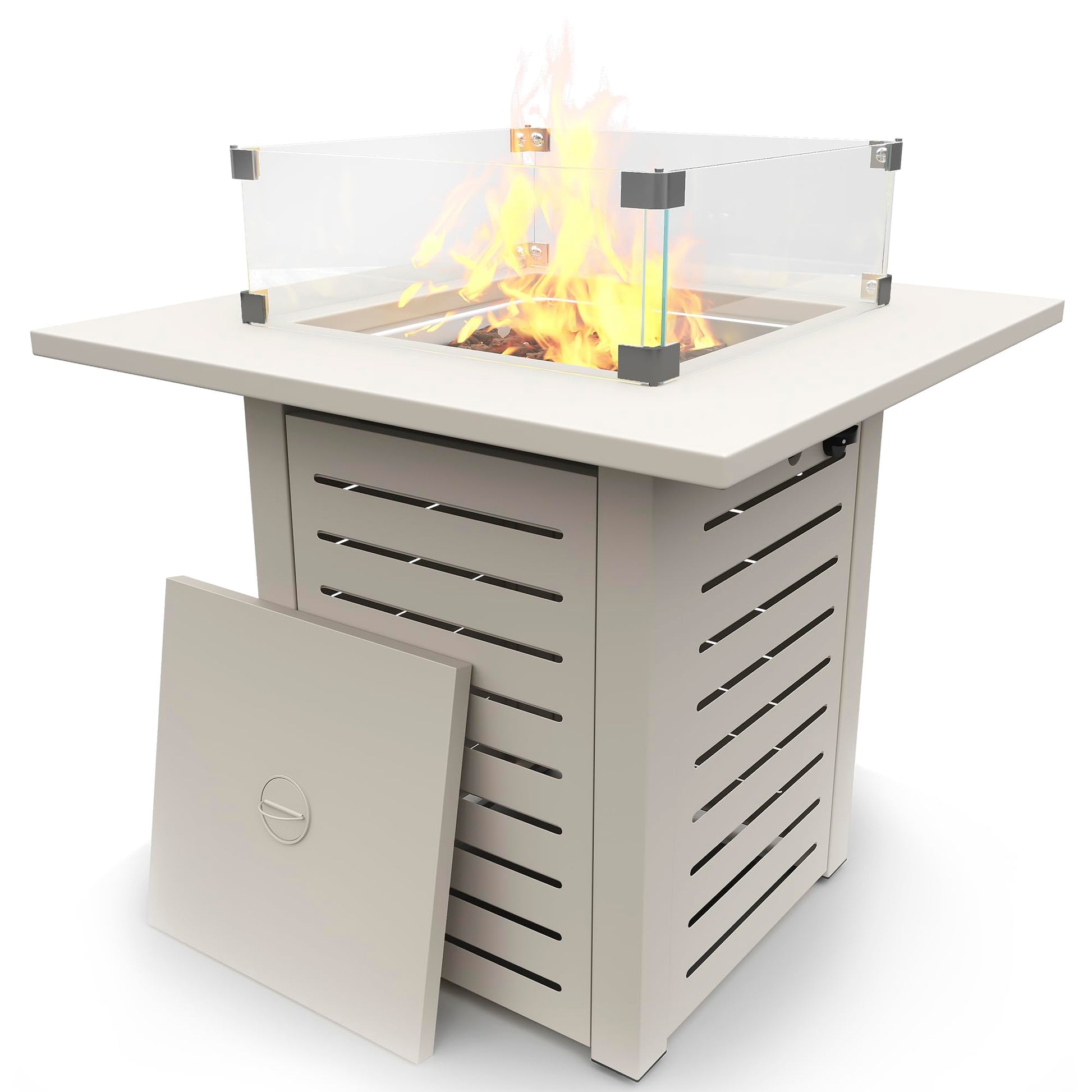 MBY 28'' Propane Fire Pit Table, 50,000 BTU Steel Gas Firepit for Outdoor Patio Deck and Garden, CSA Certified Fire Pit with Lid, Waterproof Cover, Glass Wind Guard and Lava Rock, Black