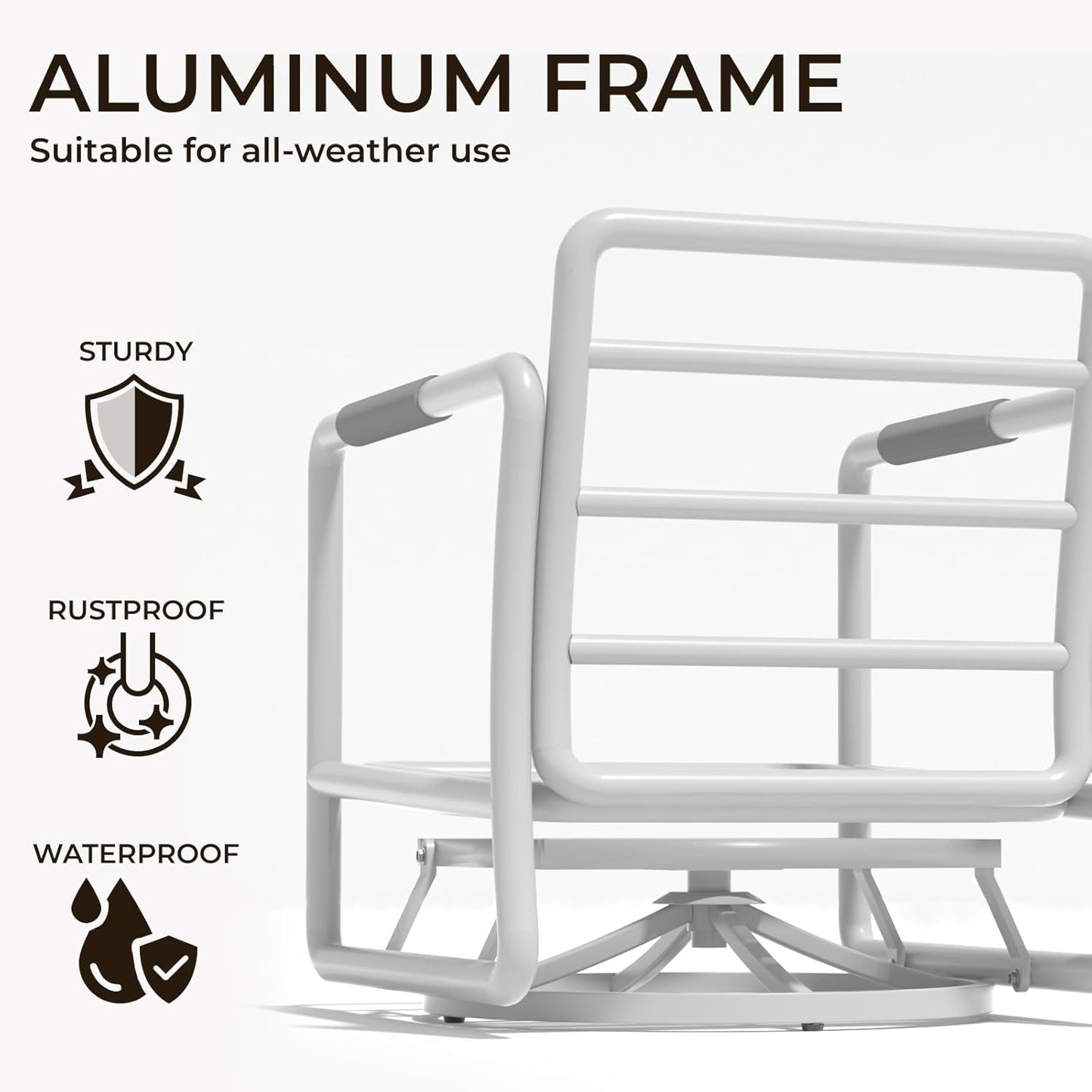MBY Outdoor Aluminum Patio Furniture Set, 5-Seats Patio Conversation Sofa Set with 2 Swivel Rocking Chairs and 45,000 BTU Fire Pit Table w/Glass Wind Guard, All Weather for Balcony, Garden-White