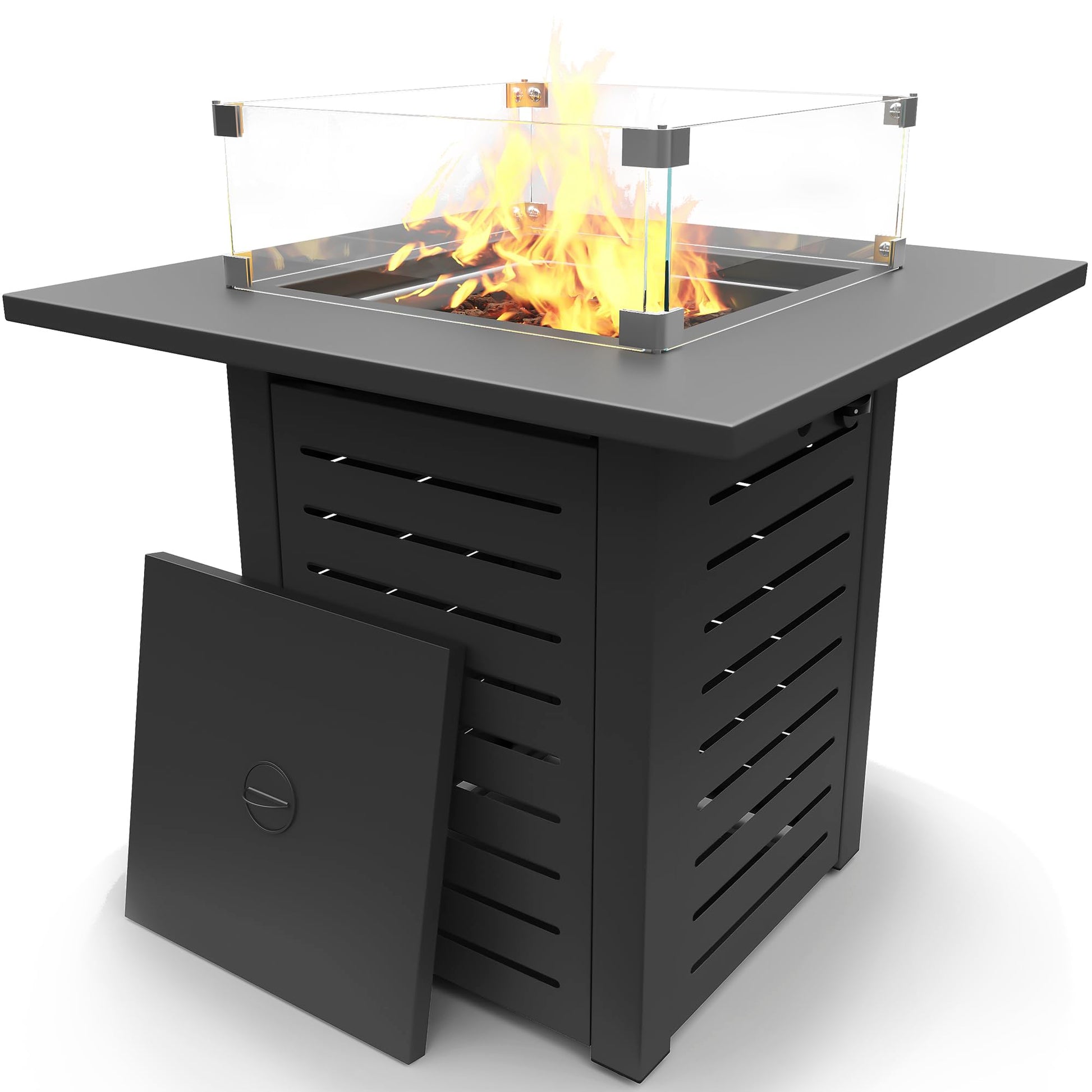 MBY 22" Aluminum Fire Pit Table, 37,000 BTU Gas Firepit for Outdoor Patio Deck and Garden, CSA Certified Fire Pit with Lid, Waterproof Cover, Glass Wind Guard and Glass Stone, Brown