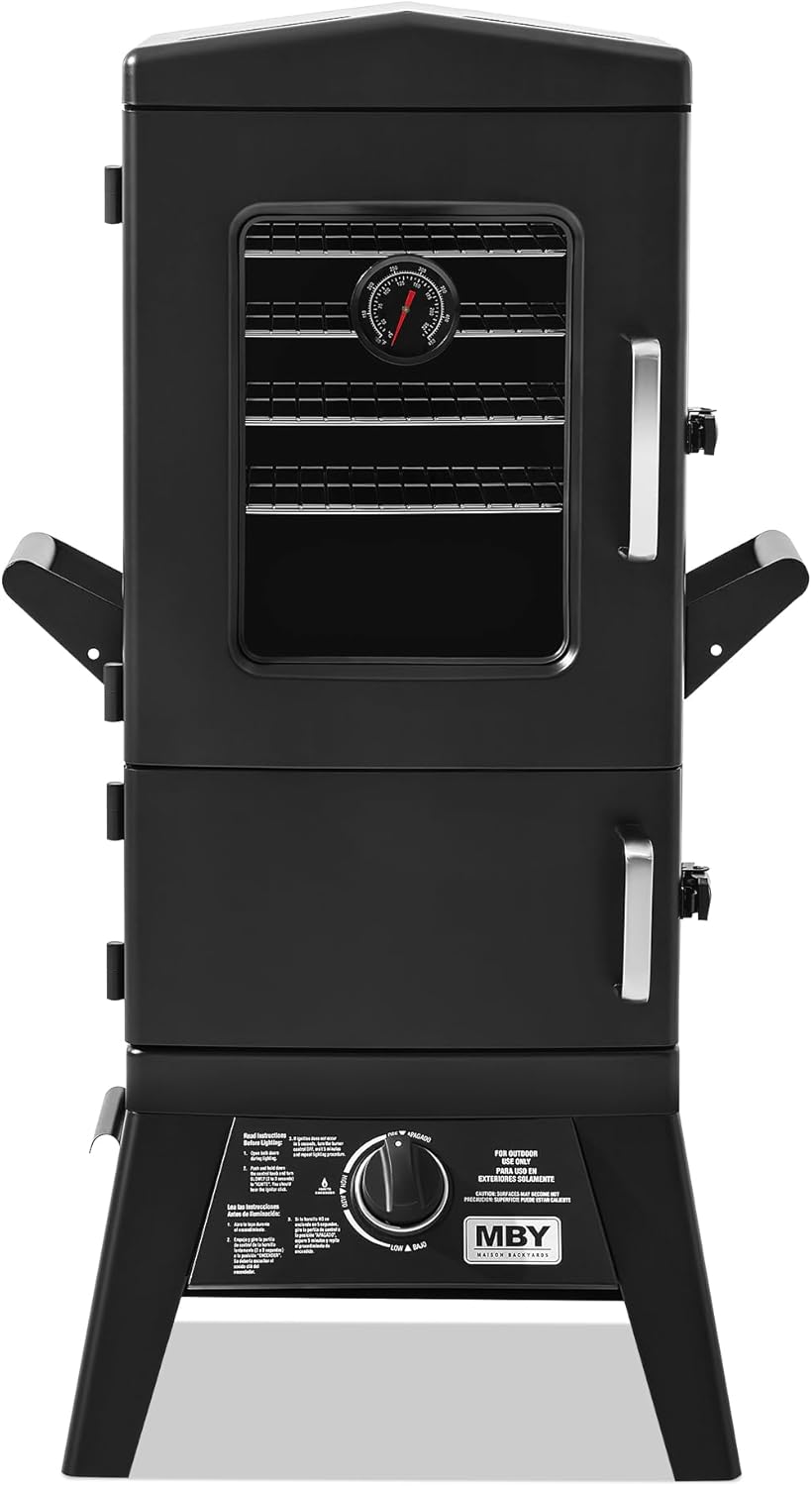 MBY Vertical Propane Smoker Grill with Cover, 4 Removable Shelves, Temperature Control, Heavy Duty Outdoor Gas Smoker for BBQ Cooking