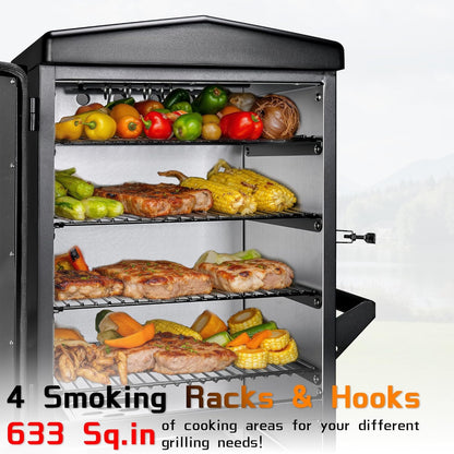 Large Vertical Electric Smoker Grill – 633 sq in | 4-Rack BBQ Smoker with Built-in Meat Probe, Wood Chip Loader &Weather-Resistant Cover – Perfect for Steak, Fish, Ribs (Black)