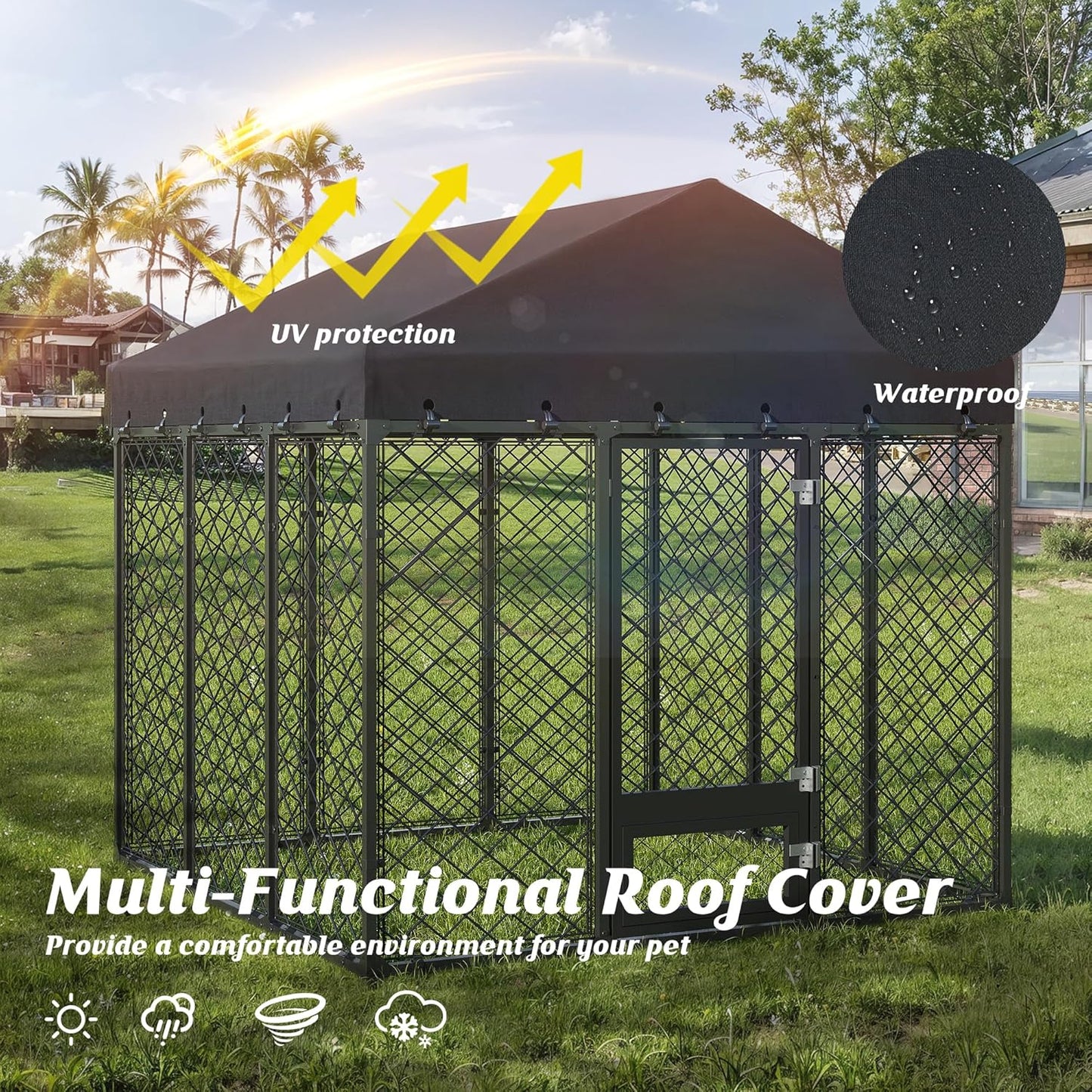 Heavy Duty Outdoor Dog Kennel with Roof – Large Dog Enclosure & Weatherproof Dog House, Secure Metal Fence Playpen with Double Lock & Feeding Swivel Door for Big Dogs