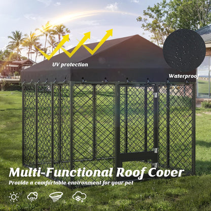 Heavy Duty Outdoor Dog Kennel with Roof – Large Dog Enclosure & Weatherproof Dog House, Secure Metal Fence Playpen with Double Lock & Feeding Swivel Door for Big Dogs