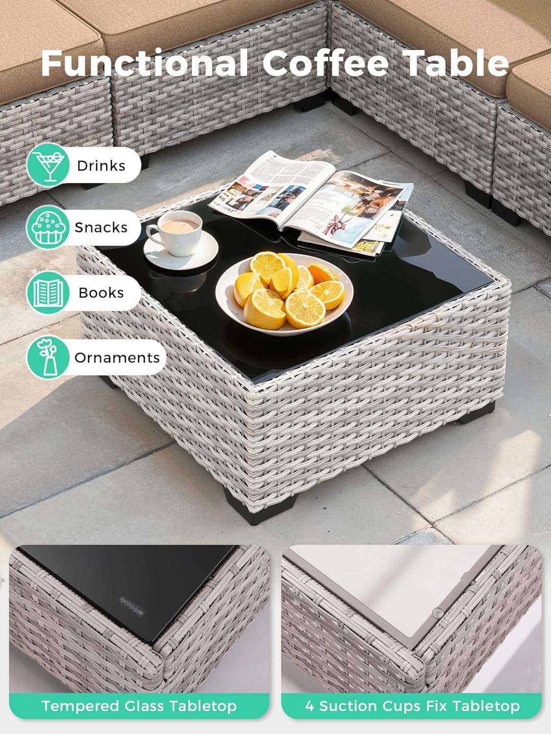 Outdoor Wicker Rattan Sectional Sofa Set with Swivel Chairs & Fire Pit Table, with 4" Thickened Cushions & Coffee Table, All-Weather PE Rattan for Garden, Backyard, Porch