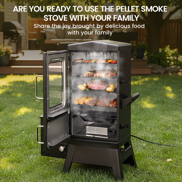 Vertical electric pellet smoker with digital LED temperature control and meat probe