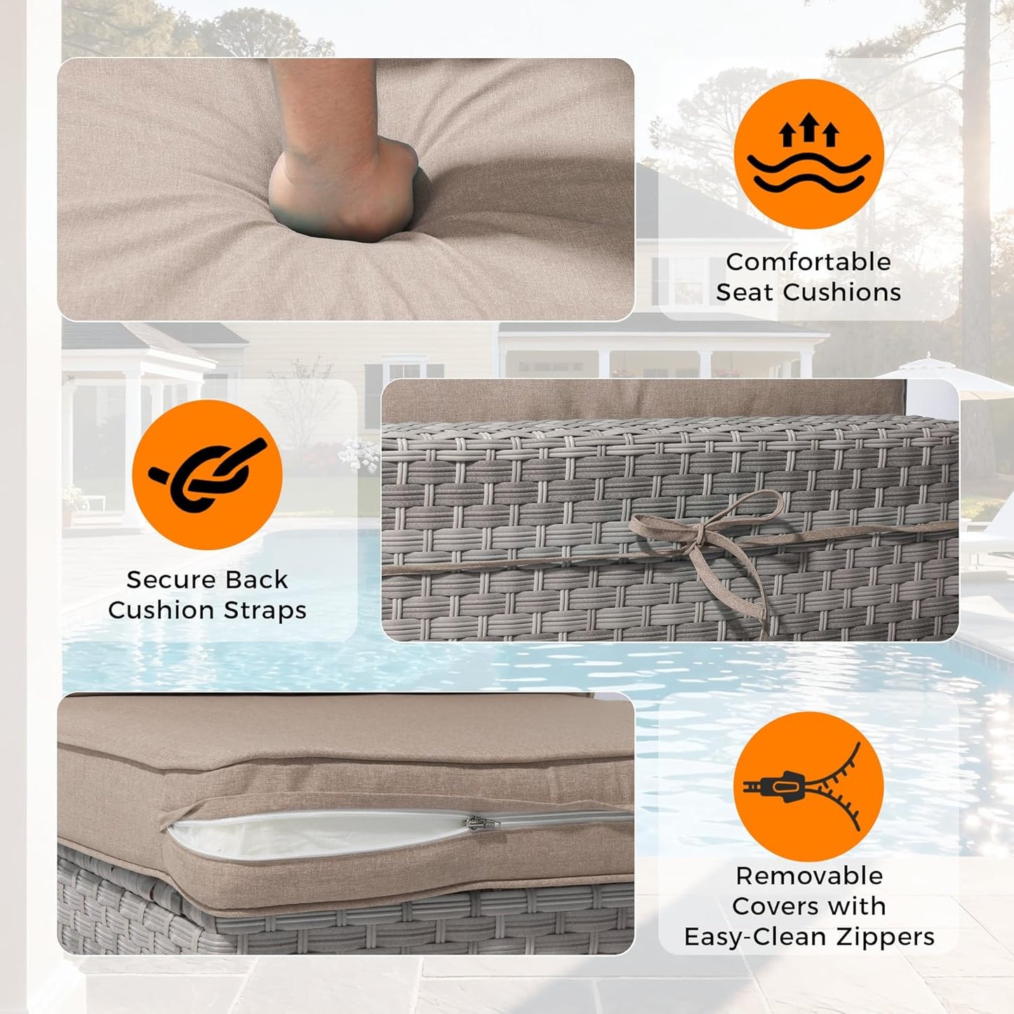 6-Seat Modern Outdoor Wicker Rattan Patio Furniture Set with 55,000 BTU Fire Pit Table, Thick 4″ Cushions, All-Weather Dual-Strand Rattan, Rust-Resistant Steel Frame