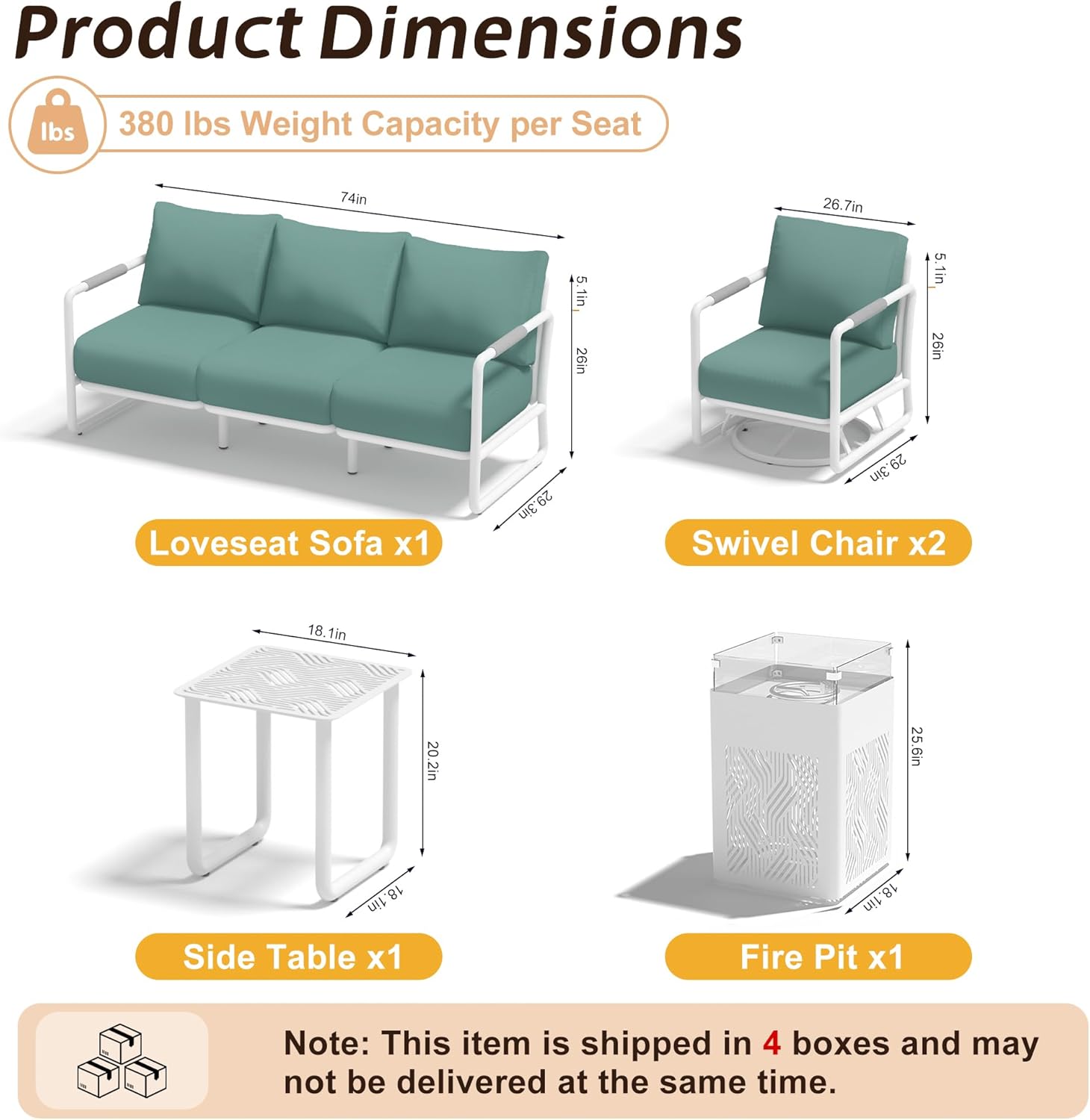 MBY Outdoor Aluminum Patio Furniture Set, 5-Seats Patio Conversation Sofa Set with 2 Swivel Rocking Chairs and 45,000 BTU Fire Pit Table w/Glass Wind Guard, All Weather for Balcony, Garden-White