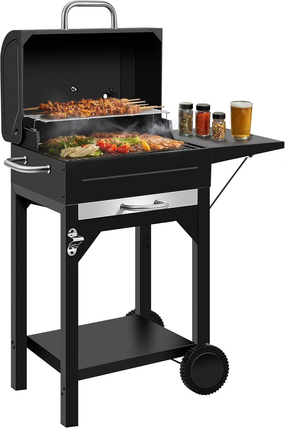 MBY Portable Charcoal Grill and Smoker Combo with Offset Firebox, Side Shelf & Warming Rack, Outdoor BBQ Grill for Camping, Tailgating, Picnic & Backyard BBQ
