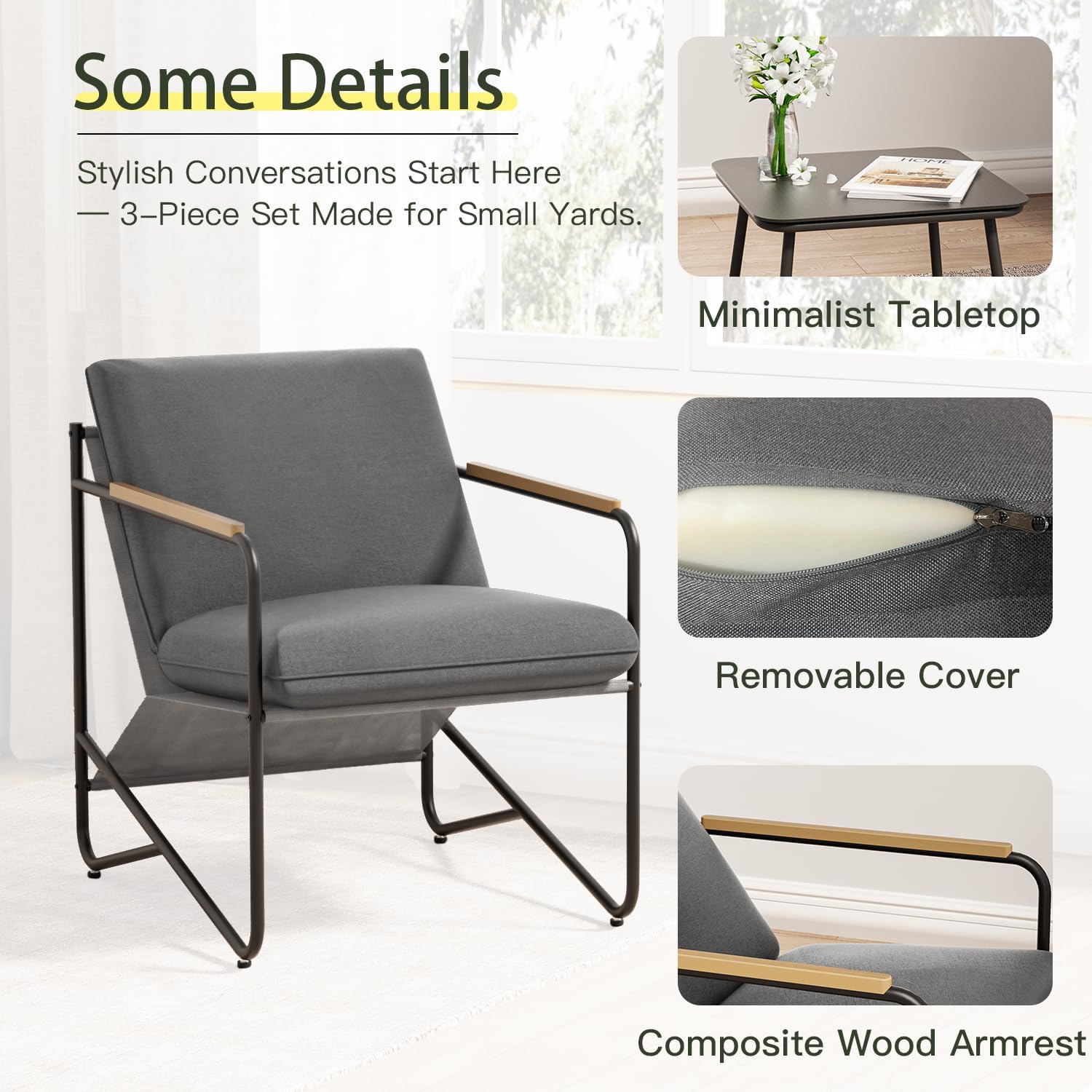 MBY 3-Piece Patio Furniture Set, Compact Outdoor Conversation Set with 2 Chairs and Glass Table, Weather-Resistant for Apartment Patio, Small Spaces, Balcony, Backyard – Grey
