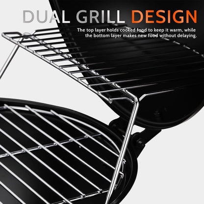 MBY 14 inch Portable Barbecue Grill with Dual Venting System, Small Foldable Charcoal Grill with Warming Rack for Picnic, Camping, Backyard-Black