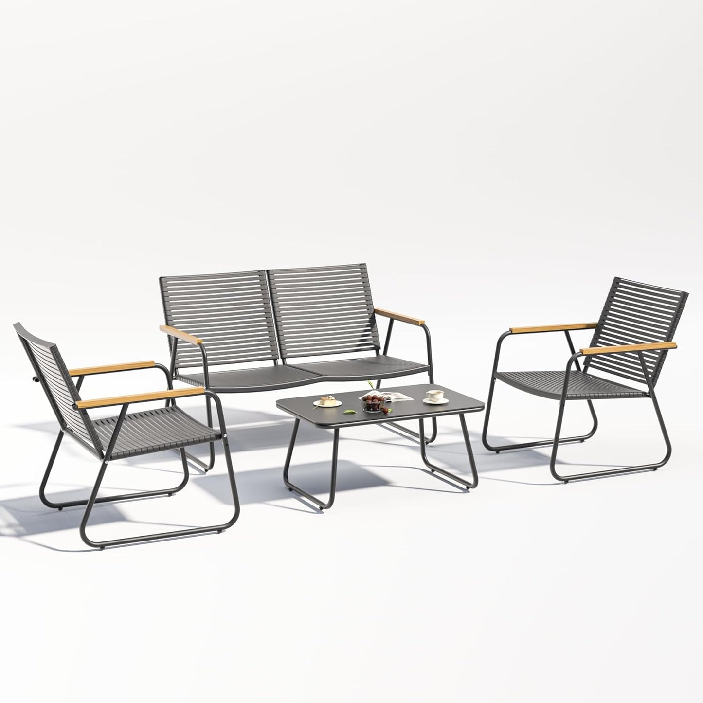 MBY 4-Piece Patio Furniture Set, Compact Outdoor Conversation Set with Loveseat, 2 Chairs and Glass Table, Weather-Resistant for Apartment Patio, Small Spaces, Balcony, Backyard – Black