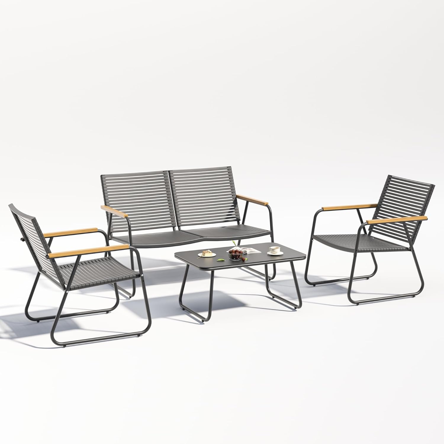 MBY 4-Piece Patio Furniture Set, Compact Outdoor Conversation Set with Loveseat, 2 Chairs and Glass Table, Weather-Resistant for Apartment Patio, Small Spaces, Balcony, Backyard – Black