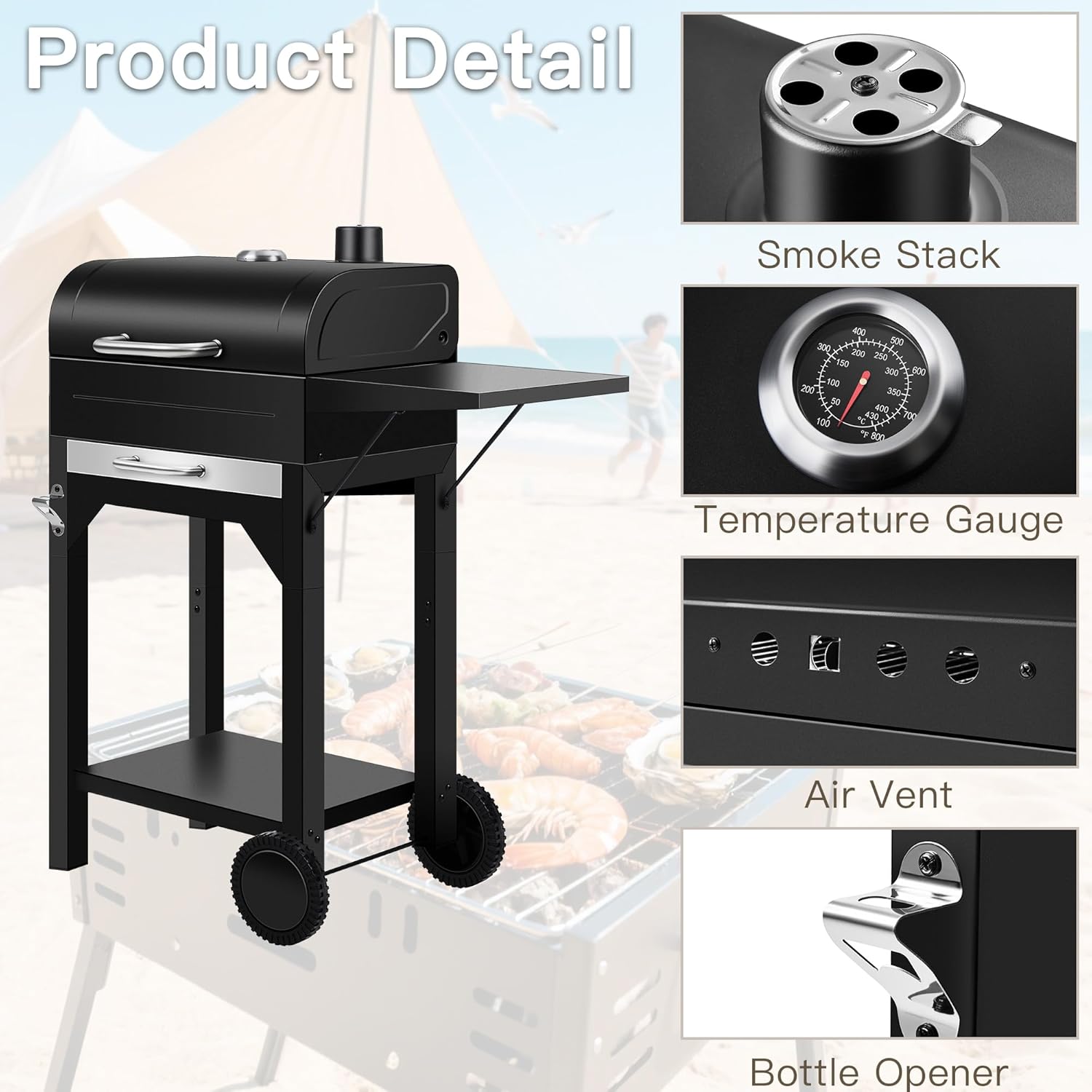 MBY Portable Charcoal Grill and Smoker Combo with Offset Firebox, Side Shelf & Warming Rack, Outdoor BBQ Grill for Camping, Tailgating, Picnic & Backyard BBQ