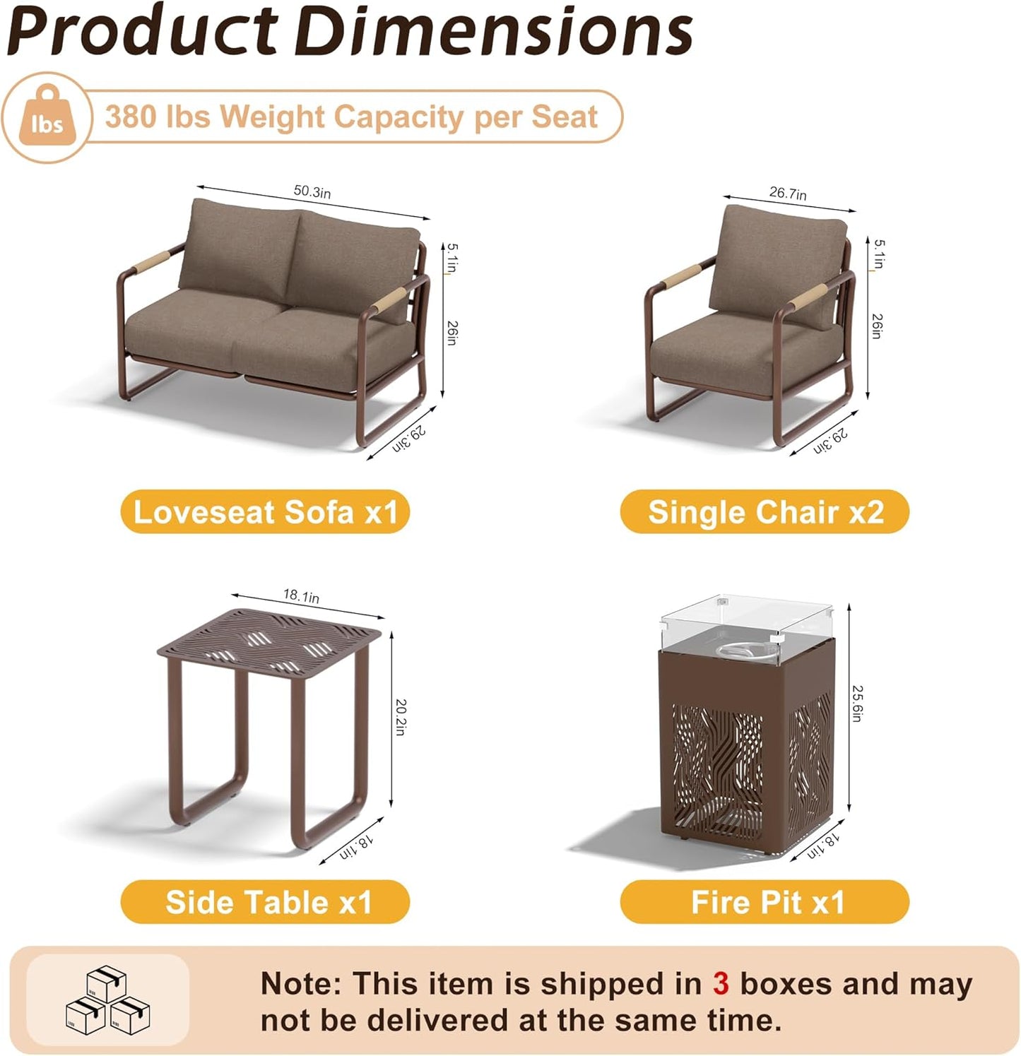 MBY Outdoor Aluminum Patio Furniture Set, 4-Seats Patio Conversation Sofa Set with 45,000 BTU Fire Pit Table w/Glass Wind Guard, All Weather for Pool, Balcony, Garden-Brown