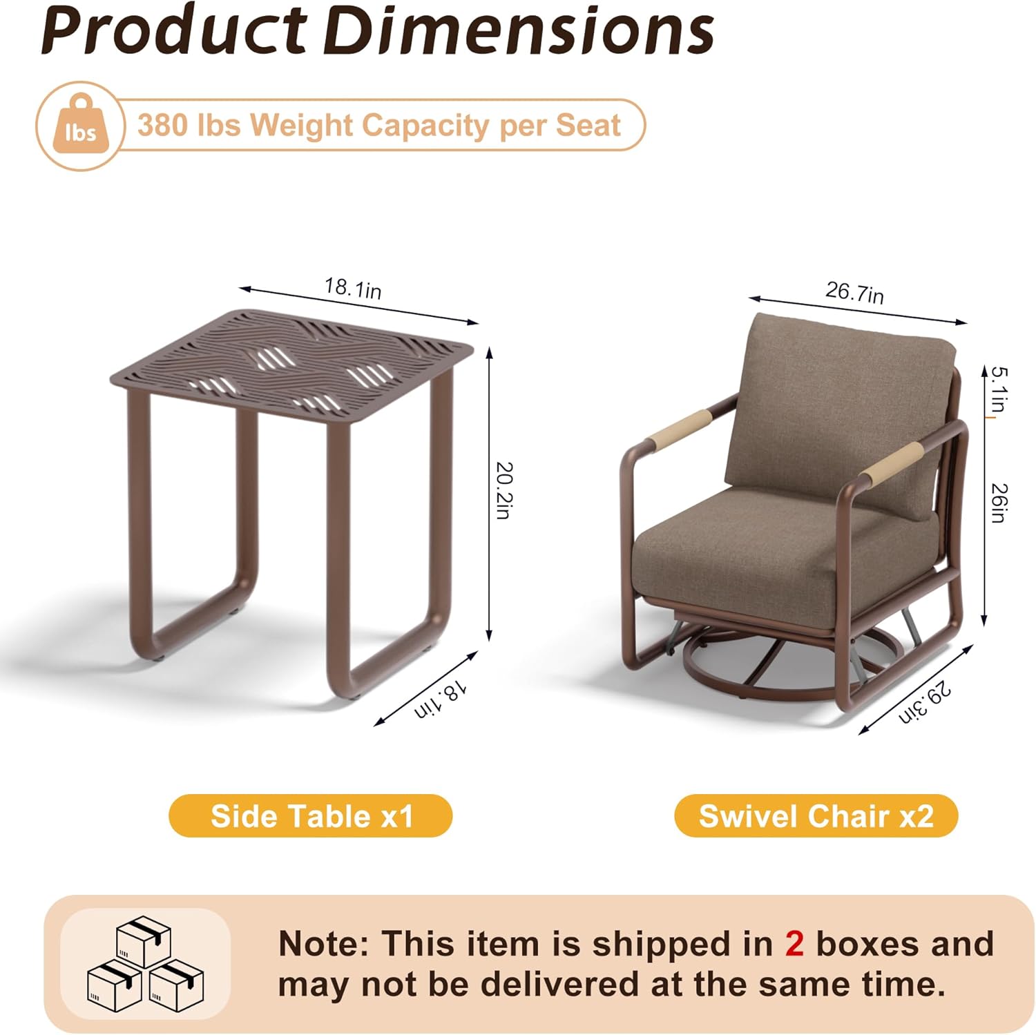 MBY 3 Piece Patio Outdoor Aluminum Swivel Rocking Chair with Coffee Table and 6.7" Thickened Cushions, All Weather Outdoor Furniture Chairs for Garden, Poolside, Deck-Brown