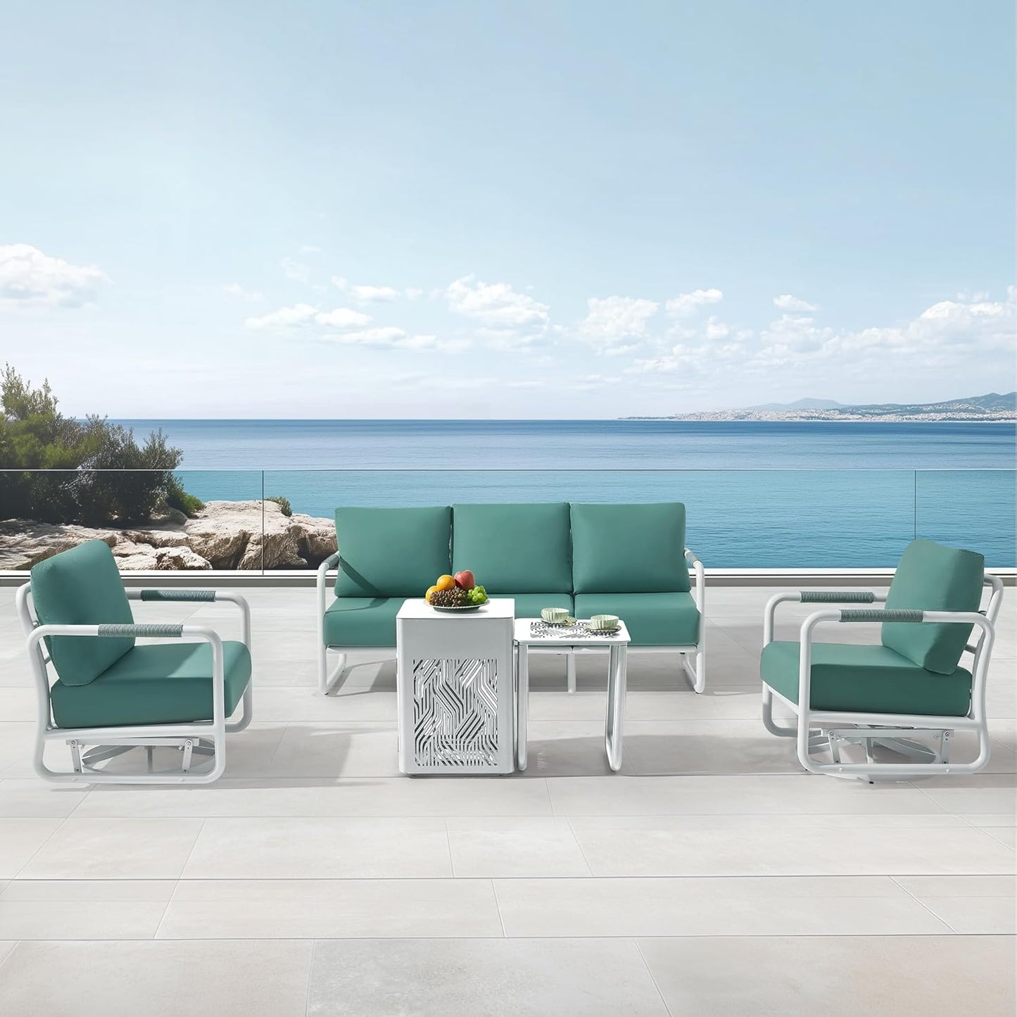 MBY Outdoor Aluminum Patio Furniture Set, 5-Seats Patio Conversation Sofa Set with 2 Swivel Rocking Chairs and 45,000 BTU Fire Pit Table w/Glass Wind Guard, All Weather for Balcony, Garden-White