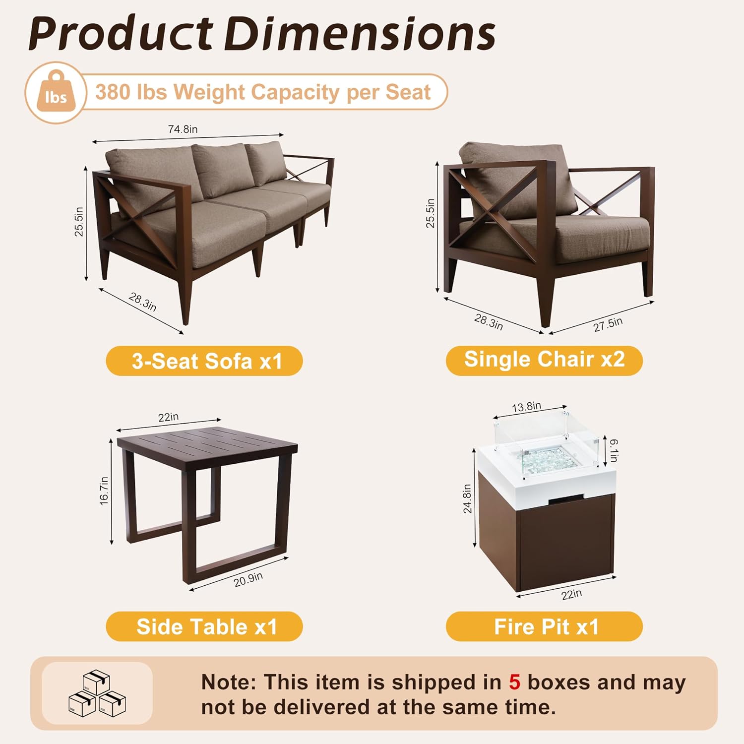 MBY Outdoor Aluminum Patio Furniture Set, 5-Seats Patio Conversation Sofa Set with 37,000 BTU Fire Pit Table w/Glass Wind Guard, All Weather for Pool, Balcony, Garden-Brown